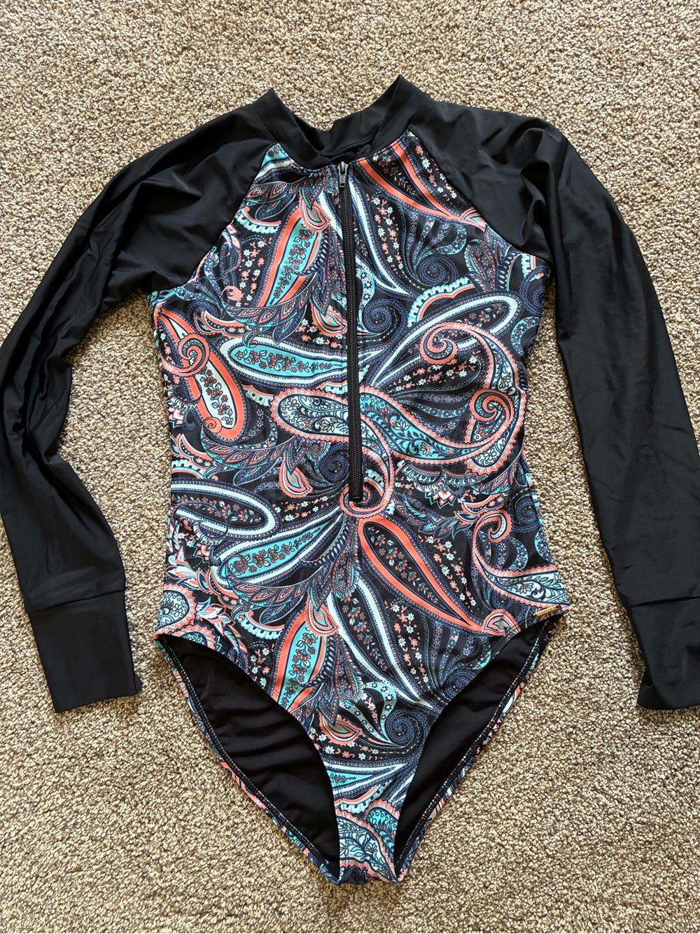 Paisley Long Sleeve One-Piece Swimsuit - Black with Coral & Teal